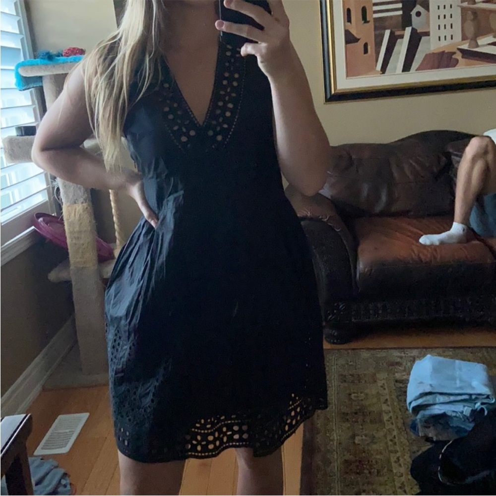 Chic Black Eyelet V-Neck Dress